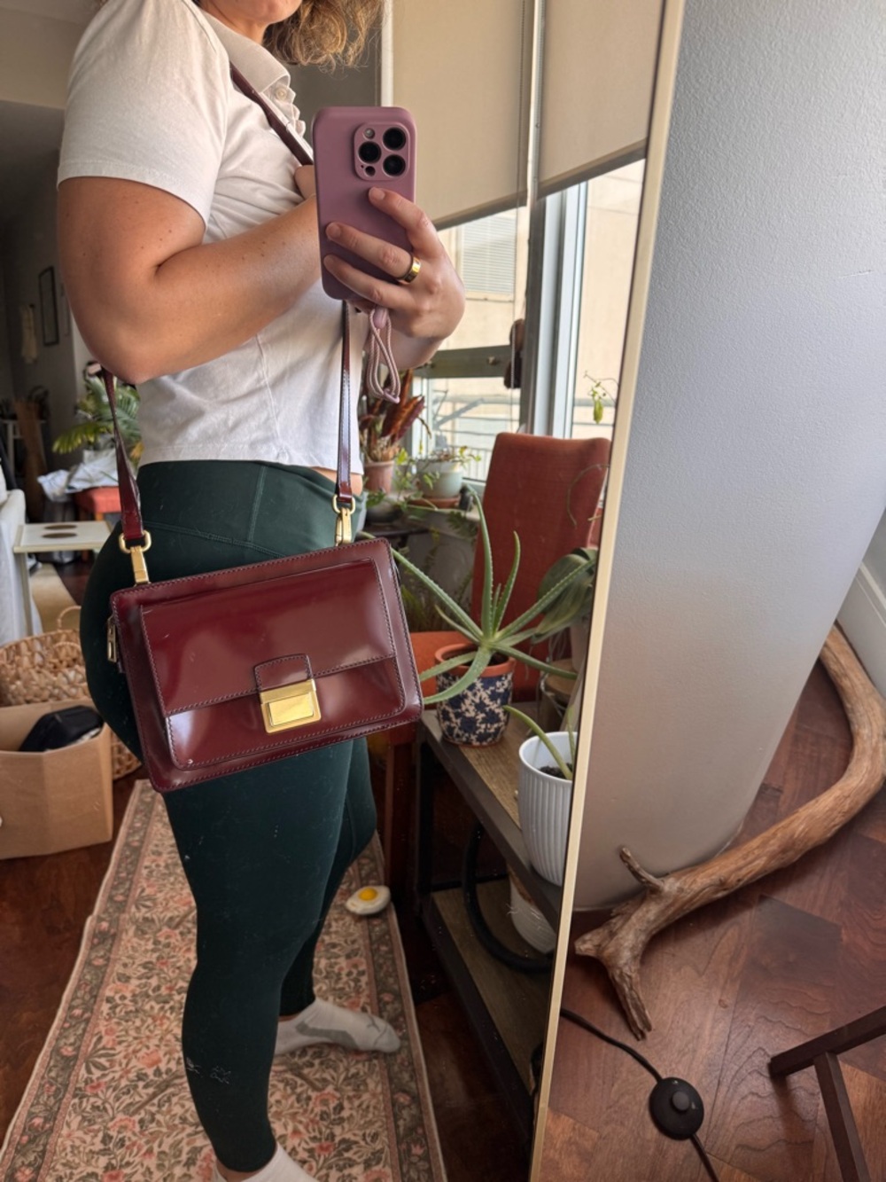 BIMBA Y LOLA Burgundy Patent Shoulder Bag Gold Hardware Zip Women Designer